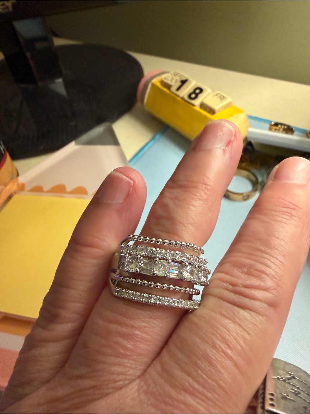 Stacked Silver Crystal Multi-Row Ring - White